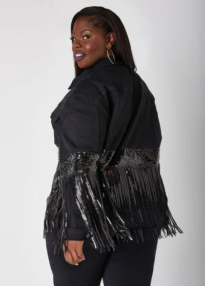 Ashley Stewart Fringed Sequined Denim Jacket