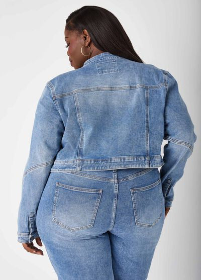 Ashley Stewart Zip Detailed Cropped Denim Jacket