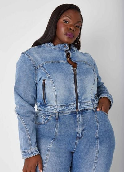 Ashley Stewart Zip Detailed Cropped Denim Jacket