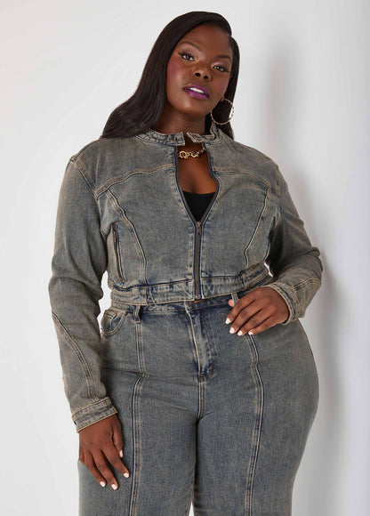 Ashley Stewart Zip Detailed Cropped Denim Jacket