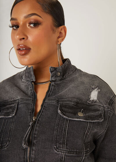 Ashley Stewart Cropped Distressed Denim Jacket