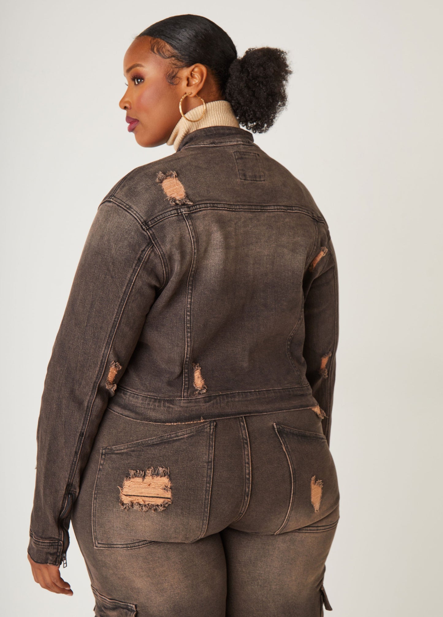 Ashley Stewart Cropped Distressed Denim Jacket