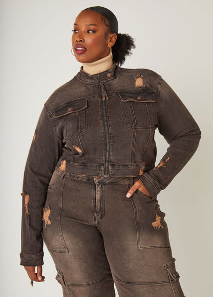 Ashley Stewart Cropped Distressed Denim Jacket