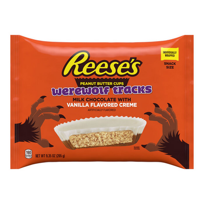 REESE'S Werewolf Tracks Milk Chocolate and Vanilla Flavored Creme Snack Size Peanut Butter Cups, Halloween Candy Bag, 9.35 oz