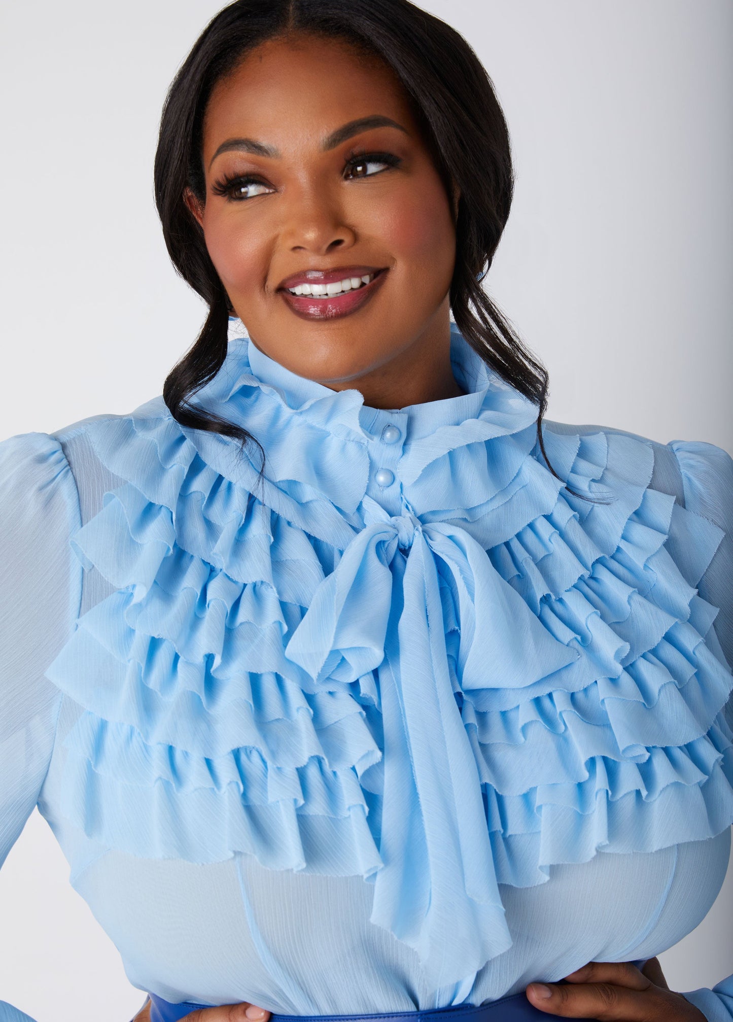 Ashley Stewart Textured Tie Neck Ruffled Shirt (x2)