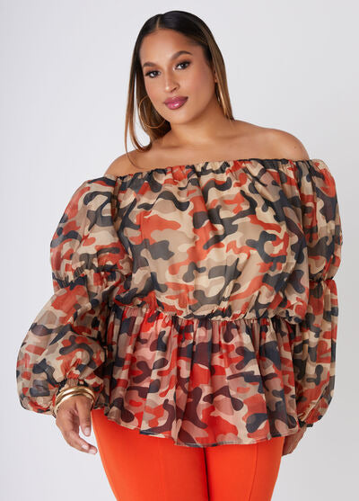 Ashley Stewart Camo Off The Shoulder Organza Top (x2)