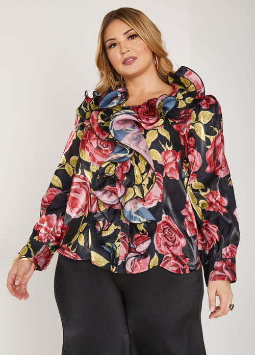 Ashley Stewart Ruffled Rose Print Blouse (x2)