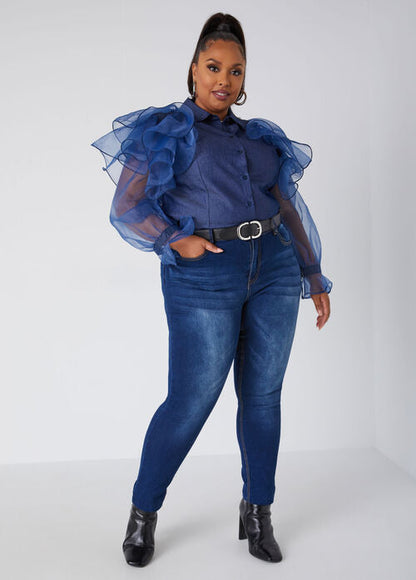 Ashley Stewart Ruffled Organza Chambray Shirt (x2)