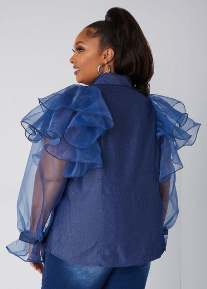 Ashley Stewart Ruffled Organza Chambray Shirt (x2)