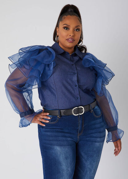 Ashley Stewart Ruffled Organza Chambray Shirt (x2)