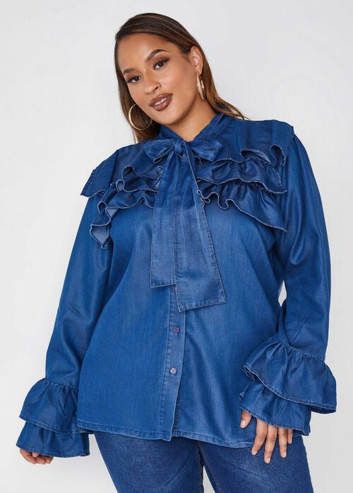 Ashley Stewart Ruffled Denim Shirt