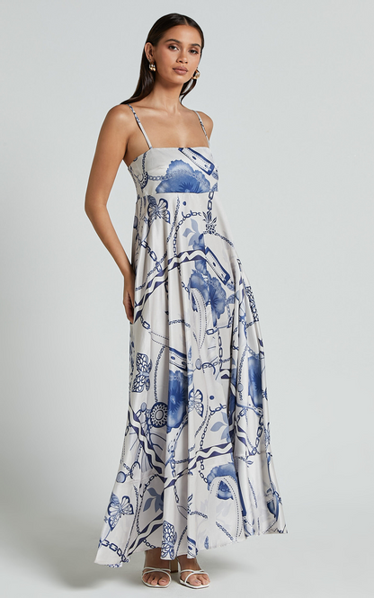 Showpo Yasmine Midi Dress - Straight Neck Sleeveless A Line Dress in Blue and White Porcelain Print