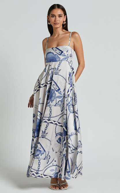 Showpo Yasmine Midi Dress - Straight Neck Sleeveless A Line Dress in Blue and White Porcelain Print