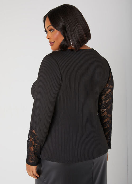 Ashley Stewart Lace Paneled Ribbed Knit Top