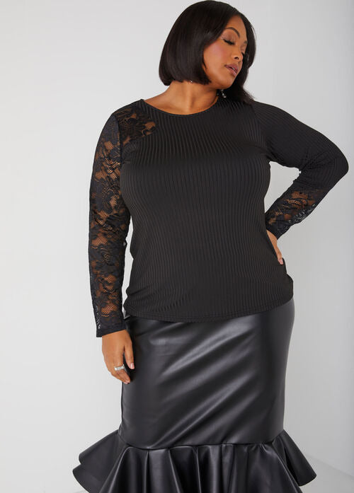 Ashley Stewart Lace Paneled Ribbed Knit Top