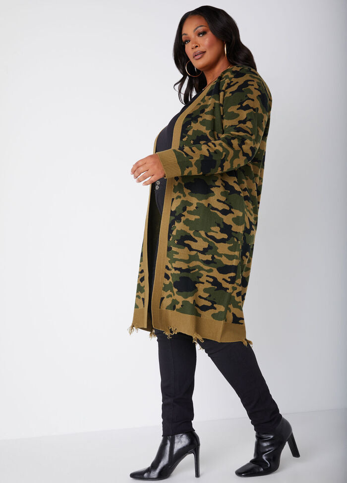 Ashley Stewart Camo Open Front Cardigan