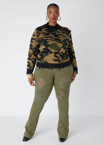 Ashley Stewart Distressed Cutout Camo Sweater (x2)