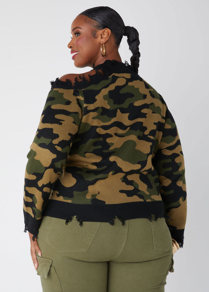 Ashley Stewart Distressed Cutout Camo Sweater (x2)