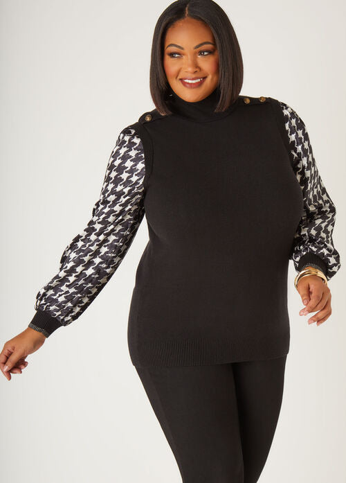 Ashley Stewart Houndstooth Paneled Turtleneck Sweater