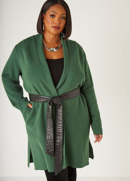 Ashley Stewart Faux Leather Trimmed Duster