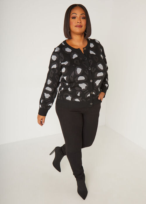 Ashley Stewart Lurex Leopard Intarsia Cardigan