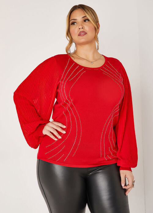 Ashley Stewart Pleated Sleeve Crystal Sweater