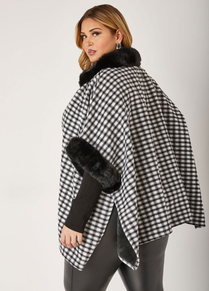 Ashley Stewart Faux Fur Trimmed Plaid Poncho