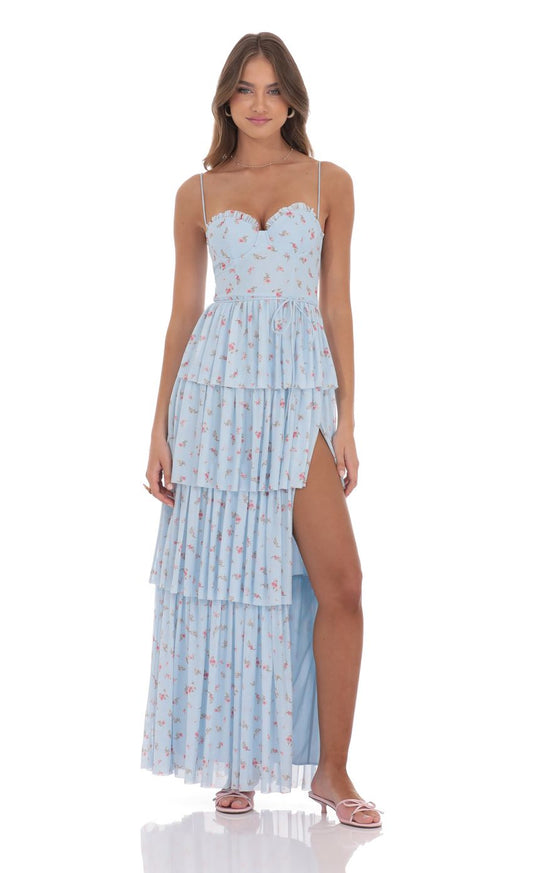 Lucy in the Sky Floral Mesh Ruffle Maxi Dress in Blue
