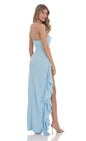 Lucy In The Sky Strapless Ruched Ruffle Maxi Dress in Blue