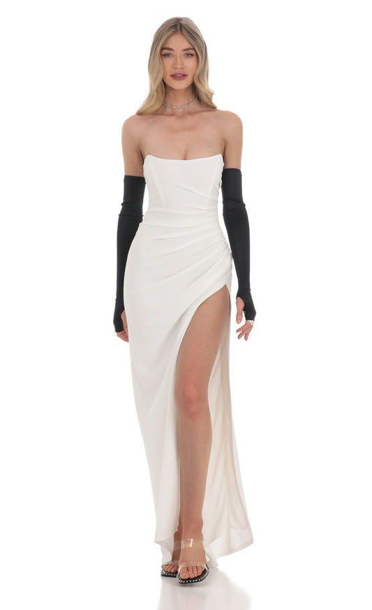 Lucy in the Sky Satin Glove Strapless Corset Maxi Dress in White