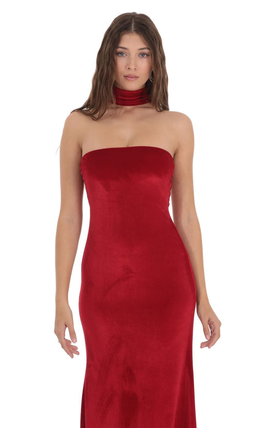 Lucy In The Sky Velvet Reverse Halter Maxi Dress in Red