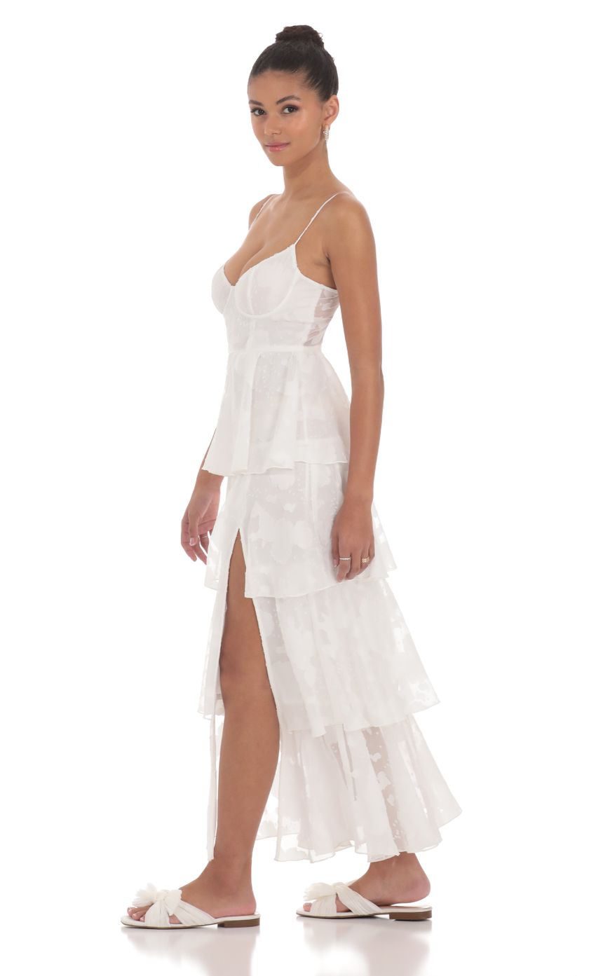 Lucy in the Sky Satin Floral Ruffle A-line Maxi Dress in White