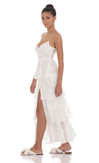Lucy in the Sky Satin Floral Ruffle A-line Maxi Dress in White