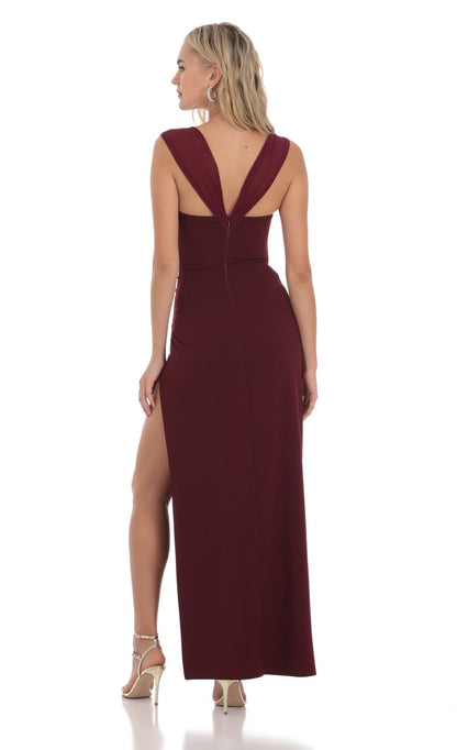 Lucy in the Sky Mesh Draped Corset Maxi Dress in Burgundy