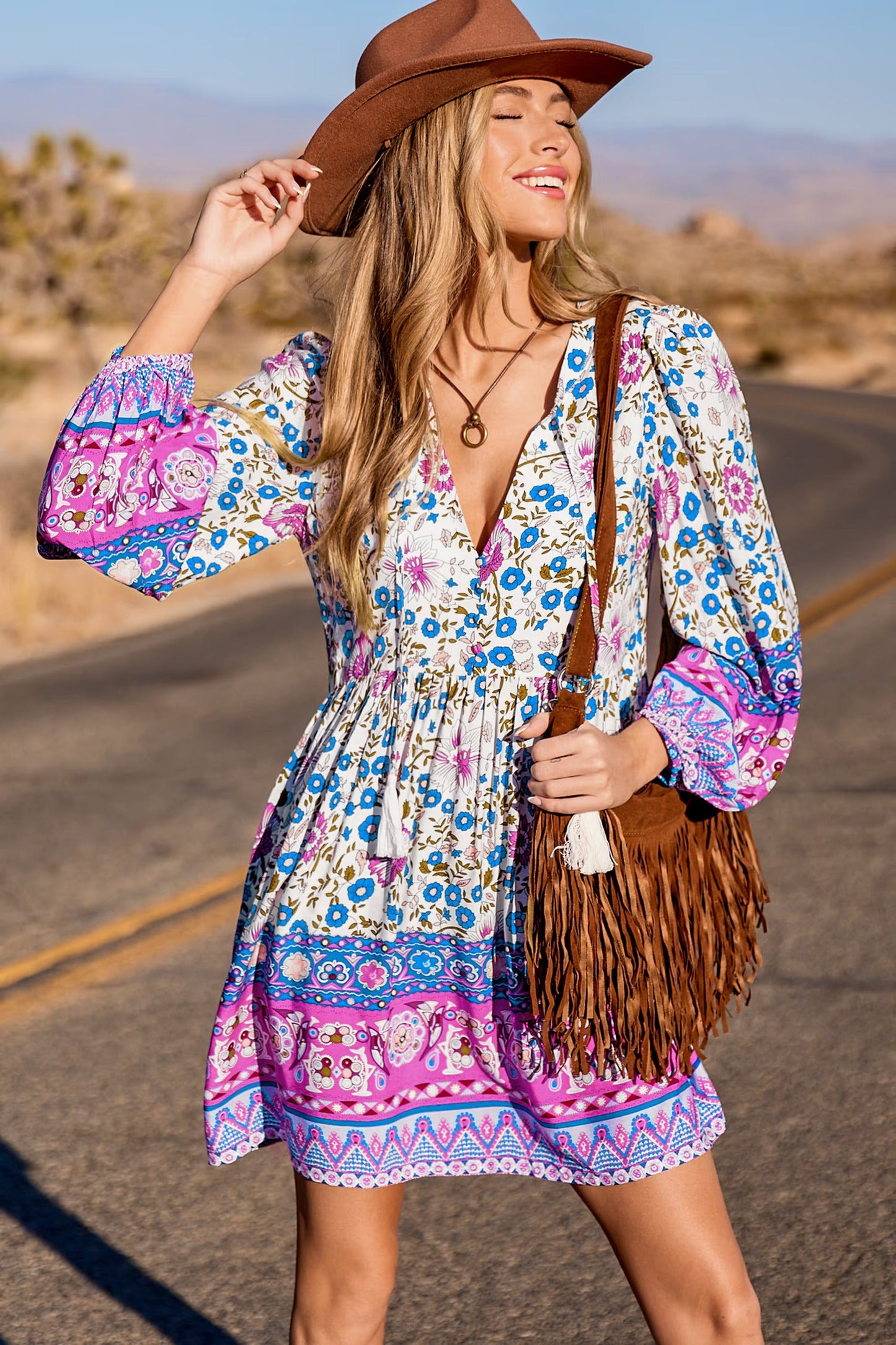 Cupshe Blue & Pink Floral Plunging Puff Sleeve Mini Dress