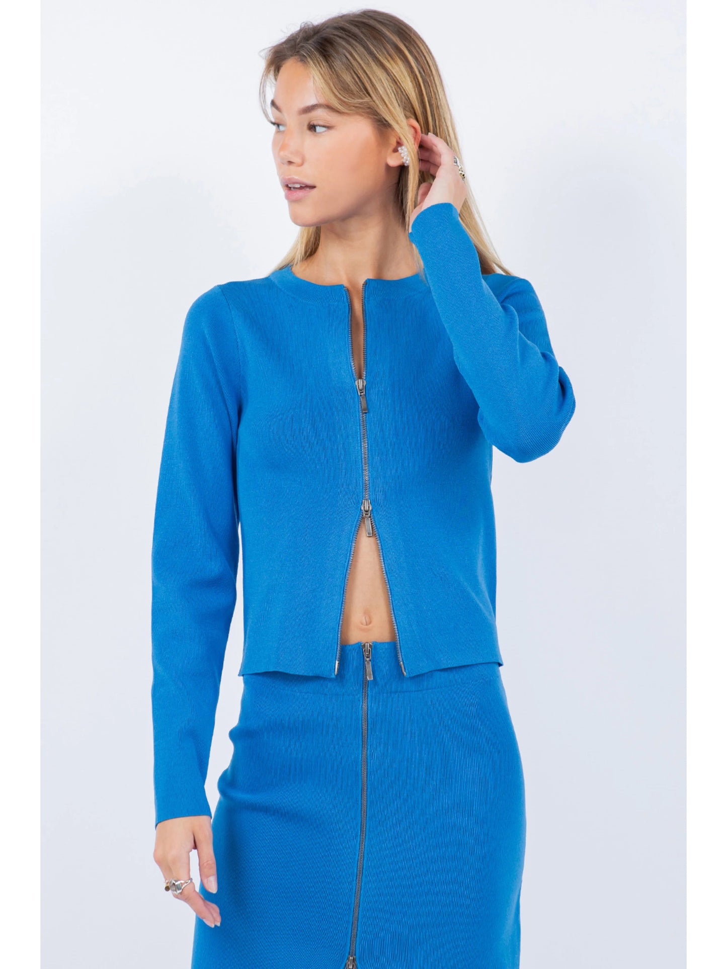 Ruby & Jenna Women's Zip Up Detailed Rib Top With Skirt