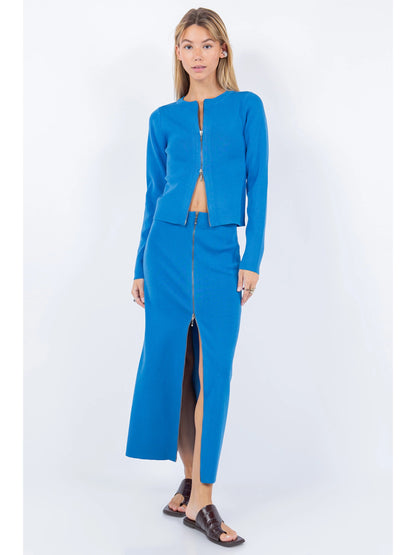 Ruby & Jenna Women's Zip Up Detailed Rib Top With Skirt