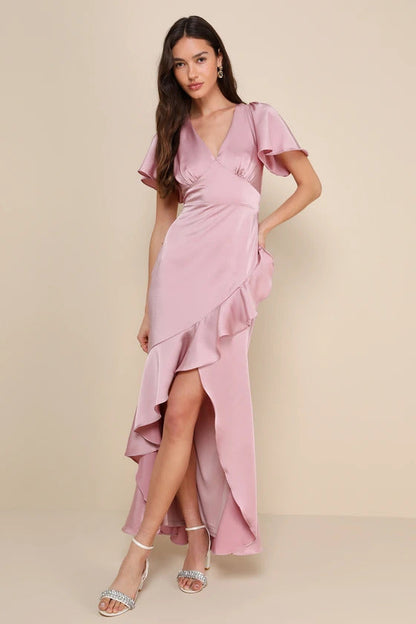 Lulus Women's Eternal Bond Blush Satin Ruffled Flutter Sleeve Maxi Dress