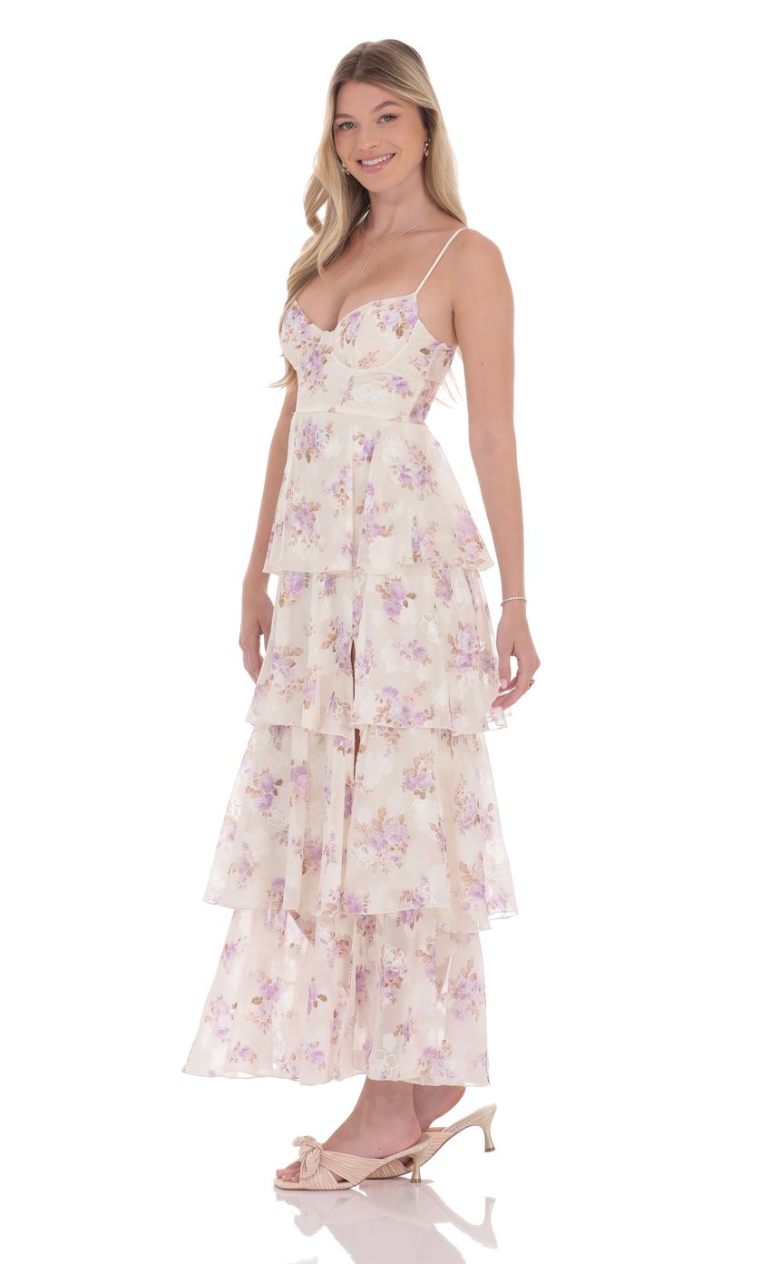 Lucy in the Sky Satin Floral Ruffle A-line Maxi Dress in Cream