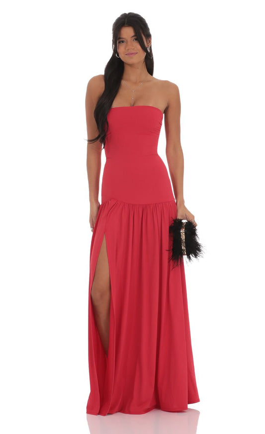 Lucy in the Sky Strapless Drop Waist Maxi Dress in Red
