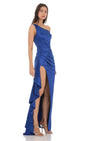 Lucy In The Sky Satin Off Shoulder Maxi Dress in Blue
