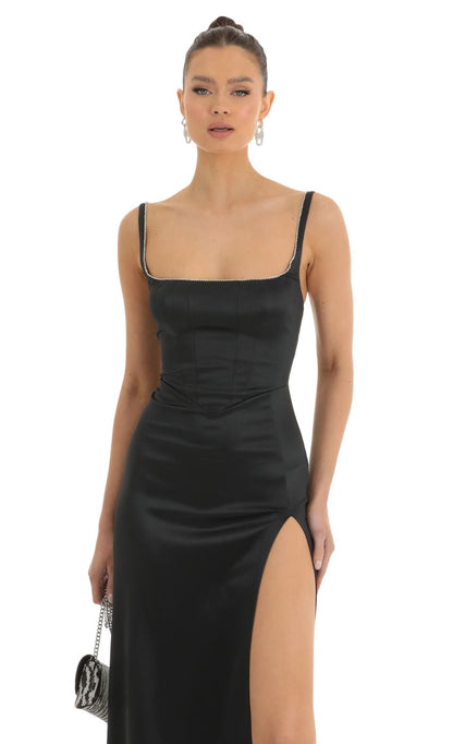 Lucy in the Sky Satin Rhinestone Maxi Dress in Black