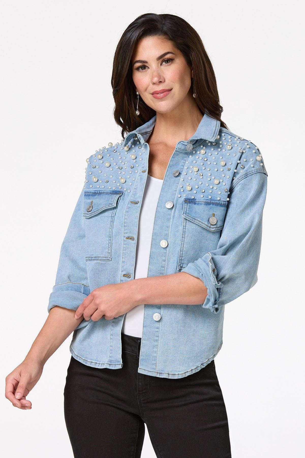 Cato Fashions Women's Pearl Denim Shacket