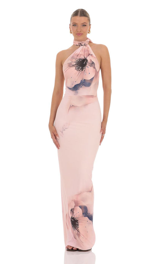 Lucy in the Sky Mesh Floral Scarf Strap Maxi Dress in Pink