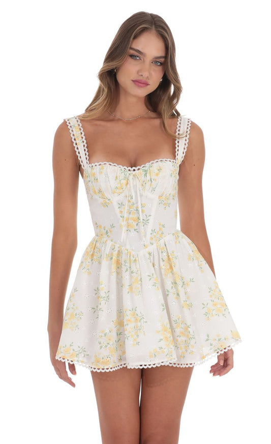 Lucy In The Sky Corset Floral Fit and Flare Dress in White