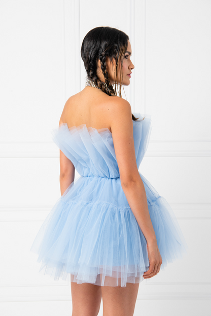 Kikiriki Women's Ice Blue Off The Shoulder Mini Tulle Dress