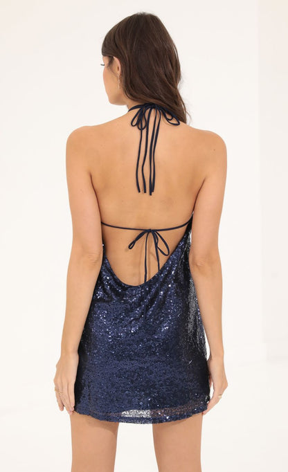Lucy In The Sky Sequin Halter Dress in Blue