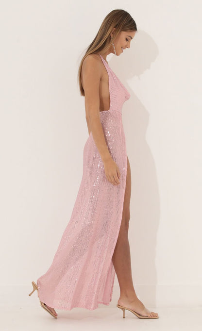 Lucy In The Sky Cowl Neck Maxi Dress in Pink Sequin