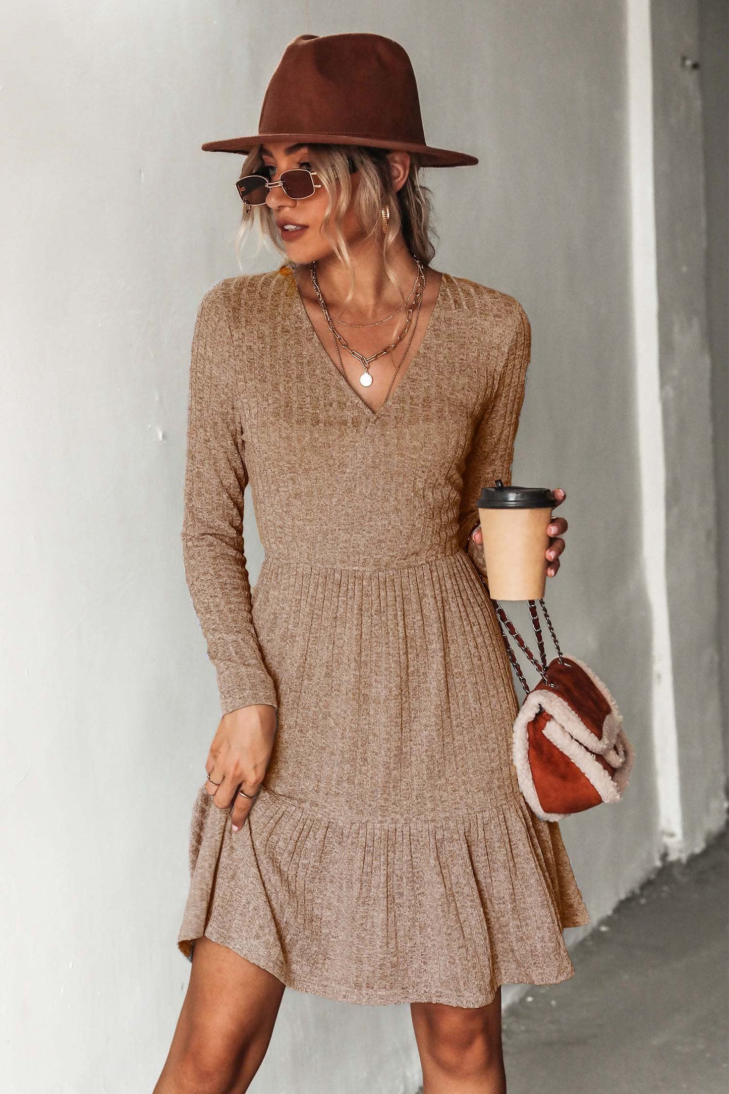 Cupshe Ribbed Flounce Coffee Dress(X2)