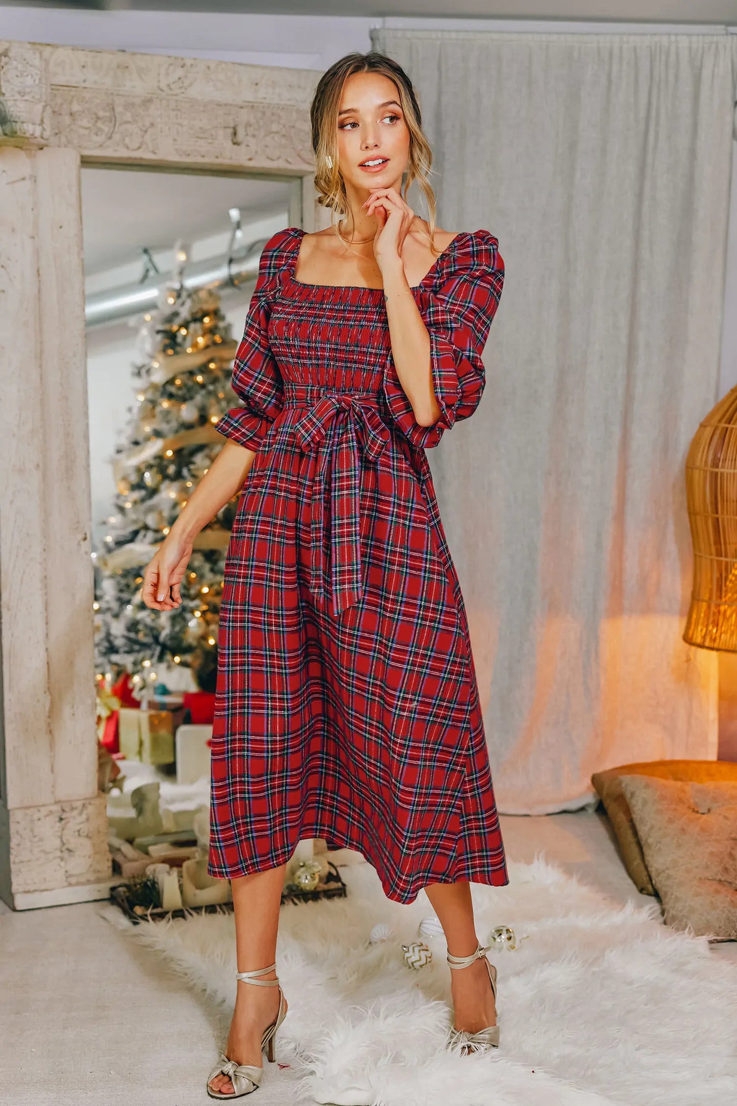 Cupshe Burgundy Belted Tartan Plaid Maxi Dress